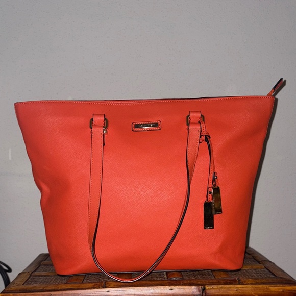 Calvin Klein Orange Saffiano Leather Tote Bag - Picture 2 of 16